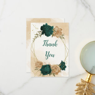 Emerald green beige gold botanical wedding thank you card