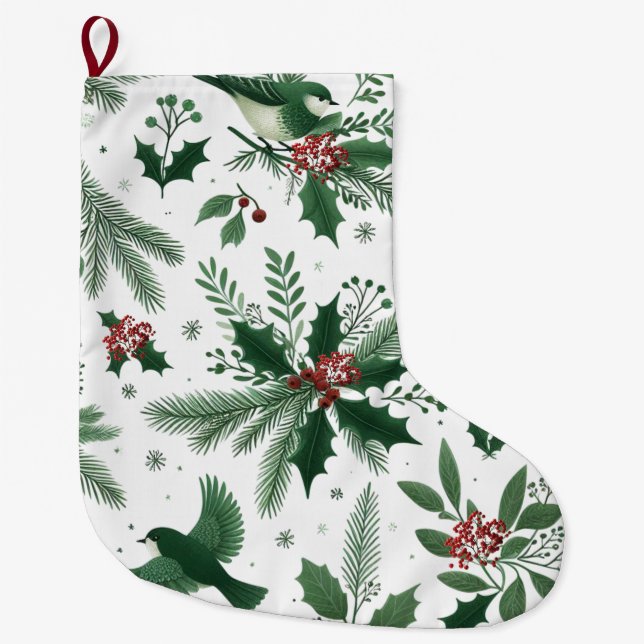 Emerald Green Berries and Birds  Large Christmas Stocking (Front)