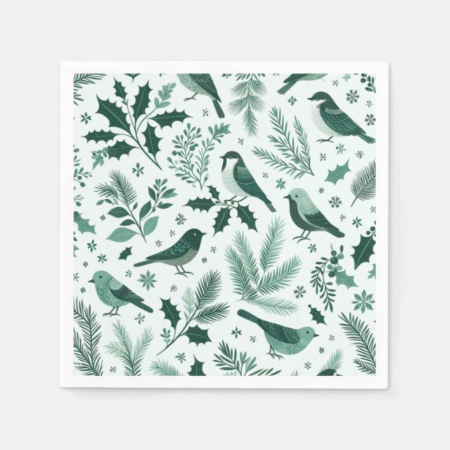 Emerald Green Birds and Boughs Holiday Napkin (Front)