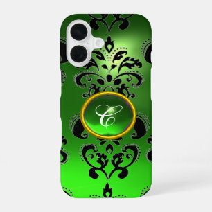 EMERALD GREEN BLACK DAMASK GEM MONOGRAM Floral iPhone 16 Case