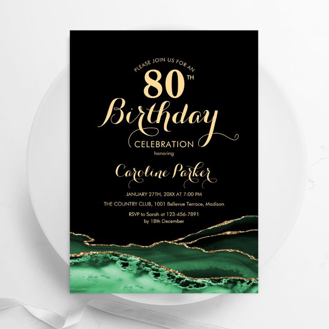 Emerald Green Black Gold Agate 80th Birthday Invitation (Creator Uploaded)