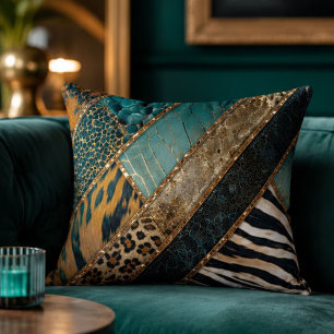 Emerald Green Black Gold Animal Print Decorative Cushion
