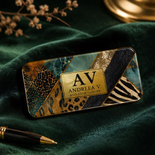 Emerald Green Black Gold Animal Print Name Tag