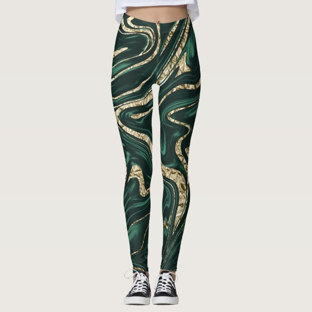 Emerald Green Black Gold Marble #2 (Faux Foil)  Leggings (Front)