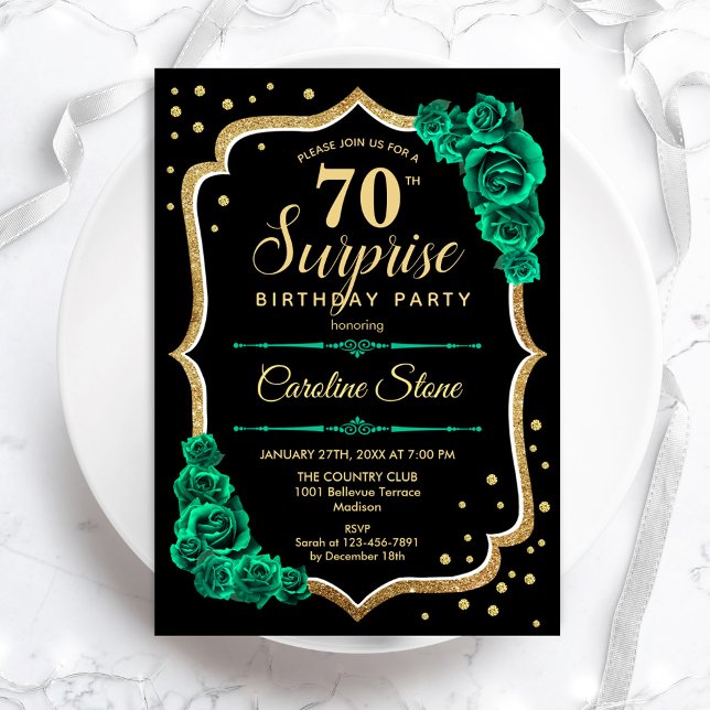 Emerald Green Black Gold Surprise 70th Birthday Invitation (Creator Uploaded)