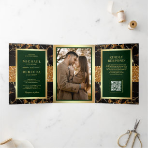 Emerald Green Black Marble Gold QR Code Wedding Tri-Fold Invitation
