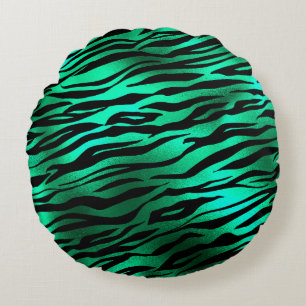 Emerald Green Black Tiger Stripes Wild Animals Round Cushion