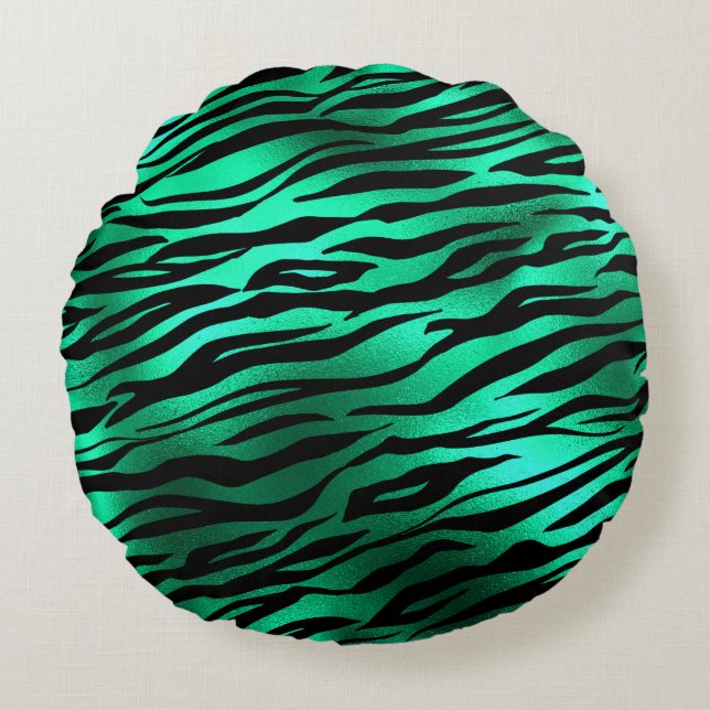 Emerald Green Black Tiger Stripes Wild Animals Round Cushion (Front)