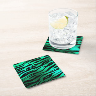Emerald Green Black Tiger Stripes Wild Animals Square Paper Coaster