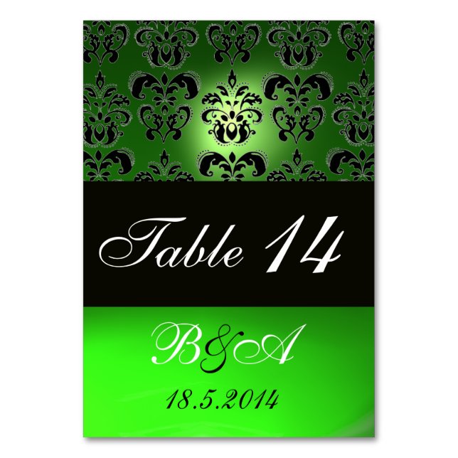EMERALD GREEN BLACK WHITE CLASSY DAMASK MONOGRAM TABLE NUMBER (Front)