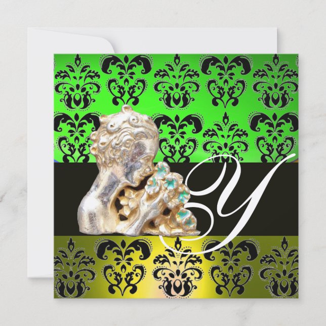 EMERALD GREEN ,BLACK, WHITE DAMASK JEWEL MONOGRAM INVITATION (Front)