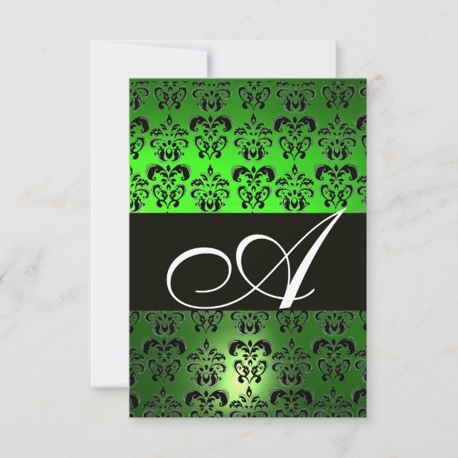 EMERALD GREEN BLACK WHITE DAMASK MONOGRAM RSVP (Front)