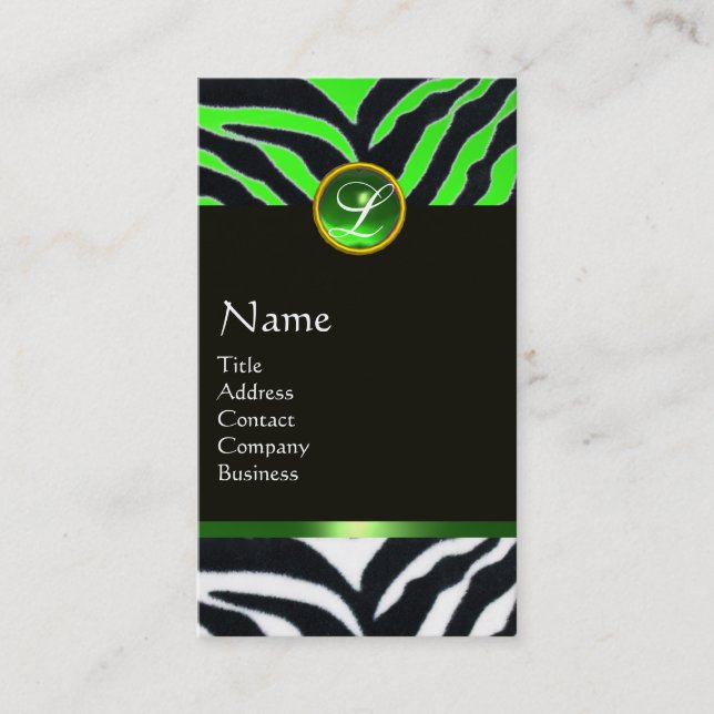 EMERALD GREEN BLACK WHITE ZEBRA FUR MONOGRAM BUSINESS CARD (Front)