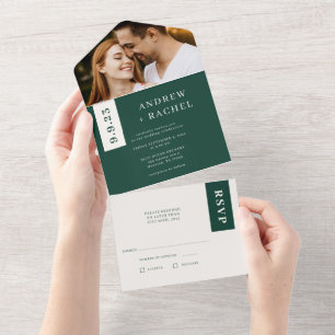 Emerald Green Blocks Fall Wedding Photo All In One Invitation