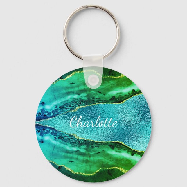 Emerald green blue agate marble name script  key ring (Front)