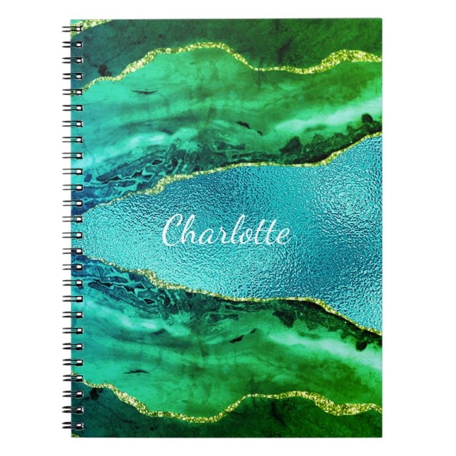 Emerald green blue agate marble name script notebook (Front)