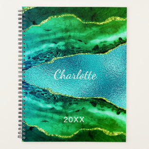 Emerald green blue agate marble name script planner