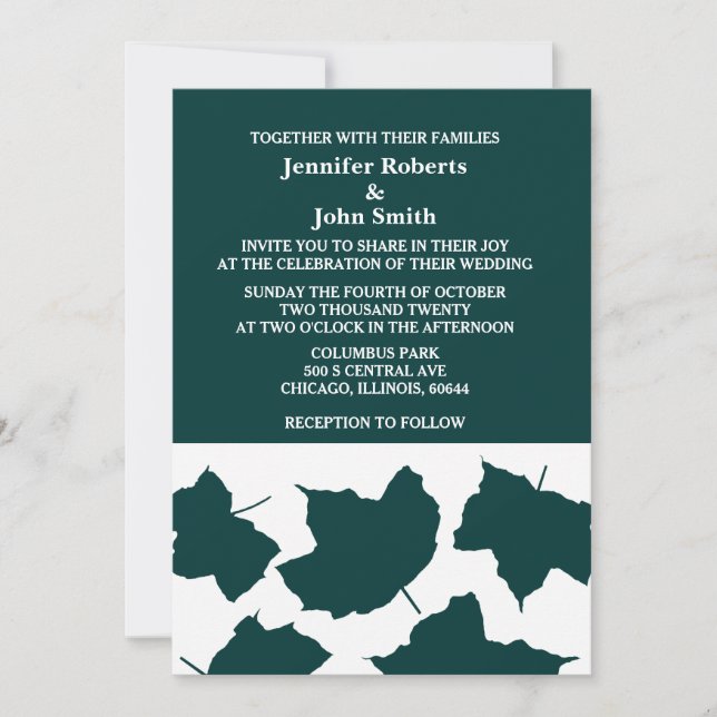 Emerald Green Blue Fall Leaf White Boho Wedding Invitation (Front)