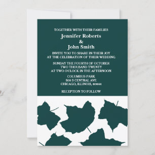 Emerald Green Blue Fall Leaf White Boho Wedding Invitation