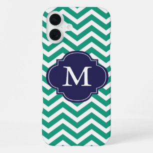 Emerald Green & Blue Zigzags Pattern Monogram iPhone 16 Plus Case