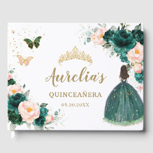 Emerald Green Blush Floral Princess Quinceañera Guest Book