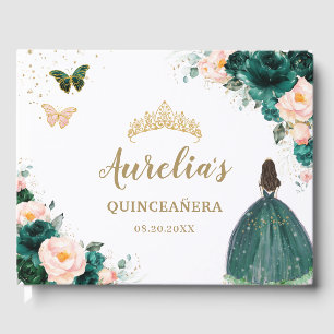 Emerald Green Blush Floral Princess Quinceañera Guest Book