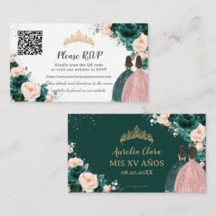 Emerald Green Blush Floral Twins Quinceañera QR Enclosure Card