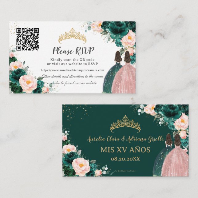 Emerald Green Blush Floral Twins Quinceañera QR Enclosure Card (Front/Back)