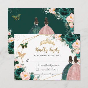 Emerald Green Blush Floral Twins Quinceañera Reply RSVP Card