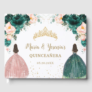 Emerald Green Blush Pink Floral Twins Quinceañera Guest Book