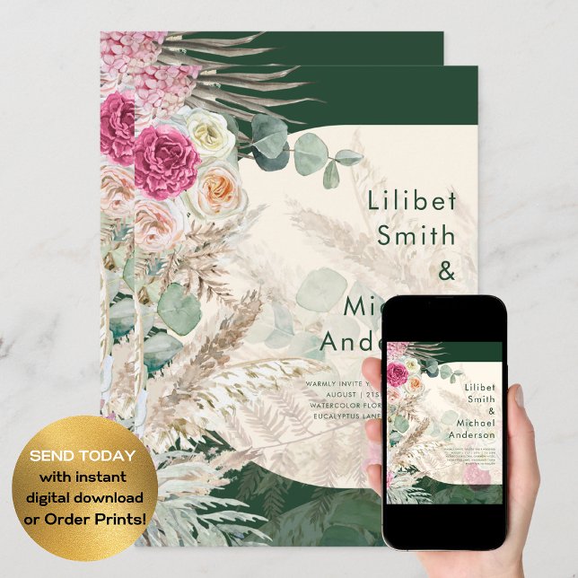 Emerald Green BOHO Floral Pink Wedding Invitation (Creator Uploaded)