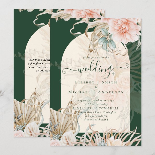 Emerald Green BOHO Peach Pampas Grass Wedding Invitation (Front/Back)