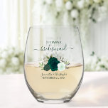 Emerald Green Boho Roses Bridesmaid Maid of Honour Stemless Wine Glass<br><div class="desc">This set is the perfect choice for thanking the bridesmaids and maid of honour at your wedding. The beautiful boho chic design features a cluster of hand painted watercolor roses in shades of emerald green and mint, along with eucalyptus sprigs and garden greenery. Her name & title appears in elegant...</div>