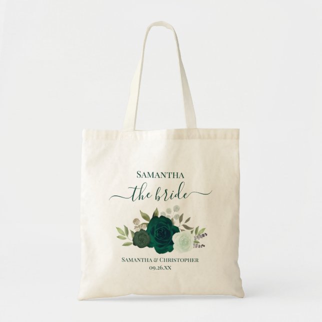 Emerald Green Boho Roses Elegant Bride Wedding Tote Bag (Front)