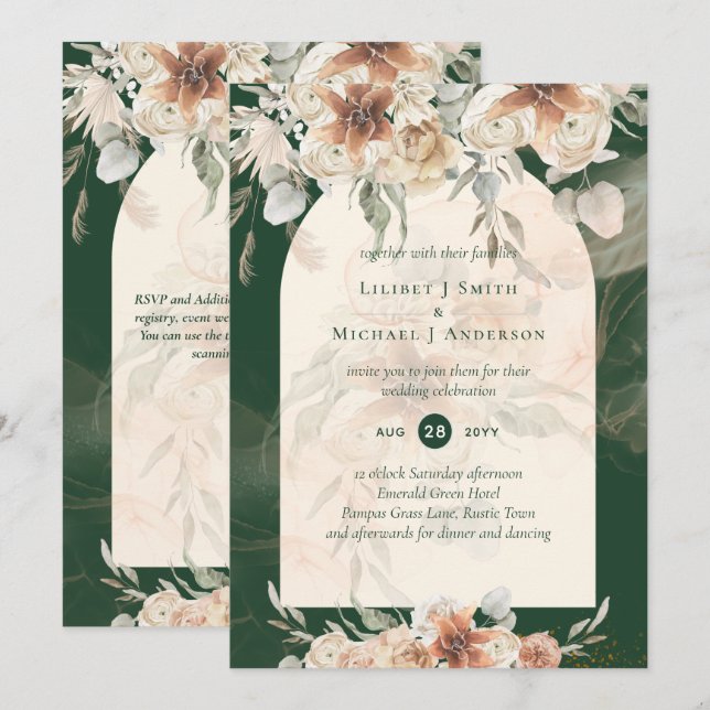 Emerald Green BOHO Terracotta Floral Wedding Invitation (Front/Back)