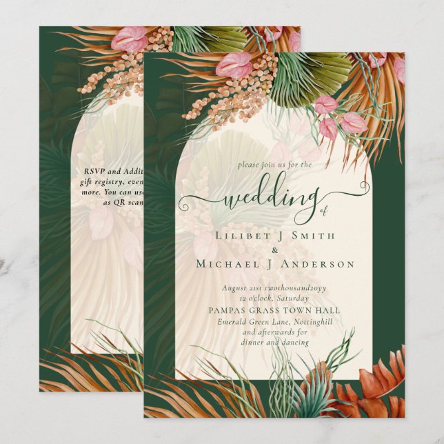 Emerald Green Boho Tropical Pampas Grass Wedding Invitation (Front/Back)