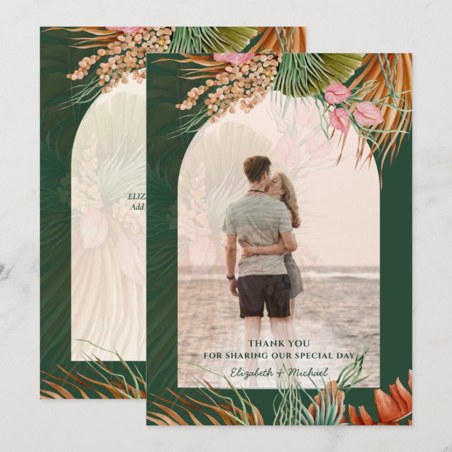 Emerald Green Boho Tropical Pampas Grass Wedding Thank You Card (Front/Back)