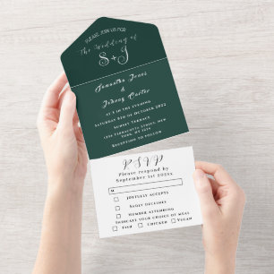 Emerald Green Boho Unique Elegant Script Wedding All In One Invitation