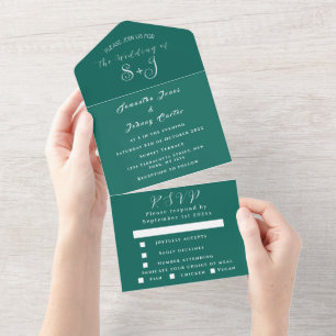 Emerald Green Boho Unique Elegant Script Wedding All In One Invitation