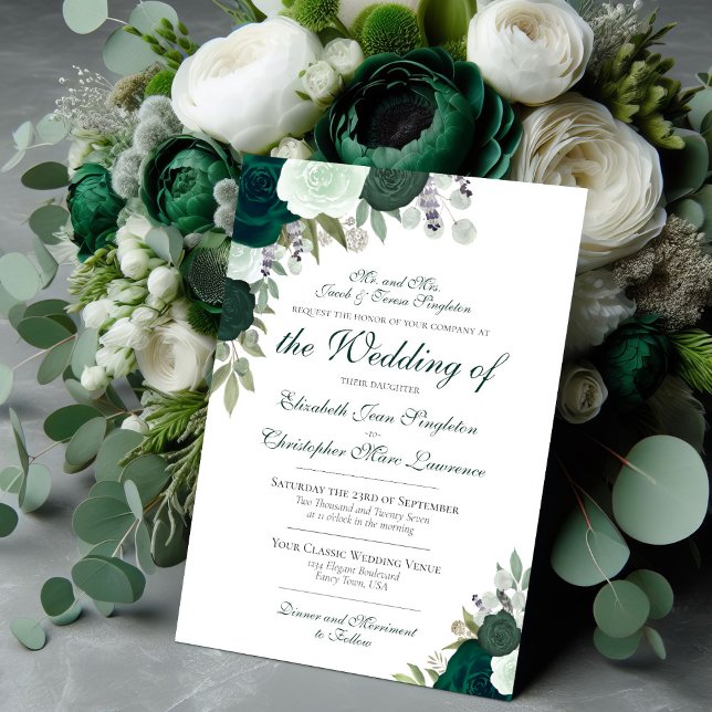 Emerald Green Boho Watercolor Roses Formal Wedding Invitation (Creator Uploaded)