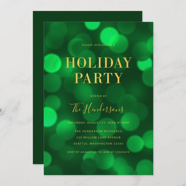 Emerald Green Bokeh Lights Faux Gold Holiday Party Invitation (Front/Back)