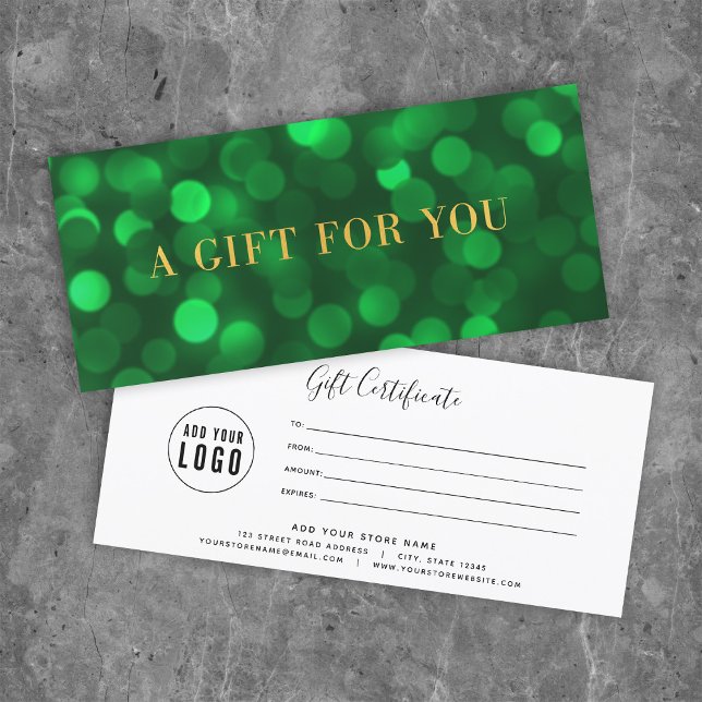Emerald Green Bokeh Lights Gold Gift Certificate (Creator Uploaded)