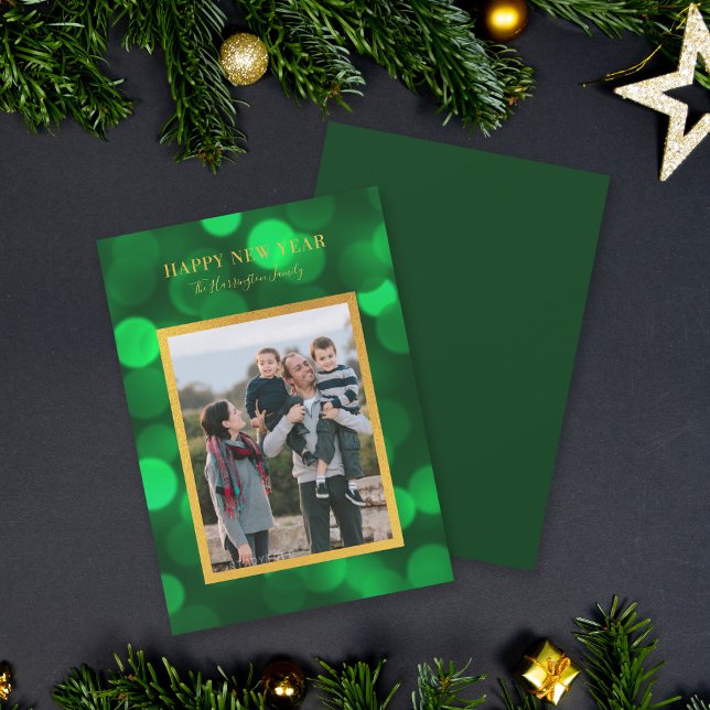 Emerald Green Bokeh Lights Gold Happy New Year Holiday Card (Creator Uploaded)
