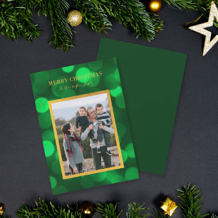 Emerald Green Bokeh Lights Gold Merry Christmas Holiday Card