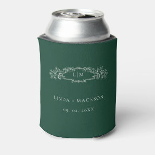 Emerald Green botanical crest monogram wedding Can Cooler