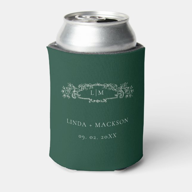 Emerald Green botanical crest monogram wedding Can Cooler (Can Back)