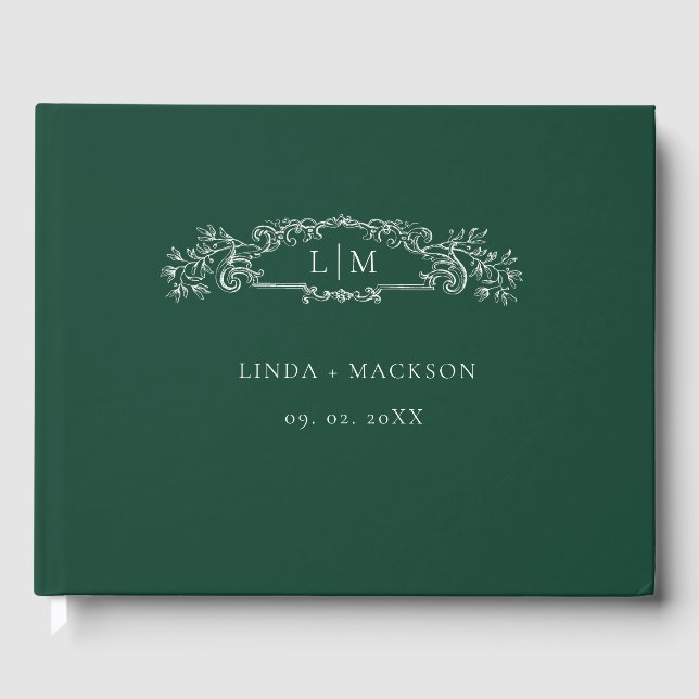 Emerald Green botanical crest monogram wedding Guest Book (Front)