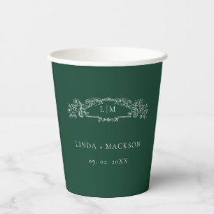 Emerald Green botanical crest monogram wedding Paper Cups
