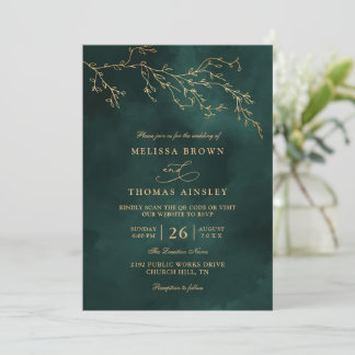 Emerald Green Botanical Elegant QR Code Wedding Invitation