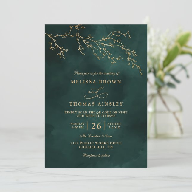 Emerald Green Botanical Elegant QR Code Wedding Invitation (Standing Front)